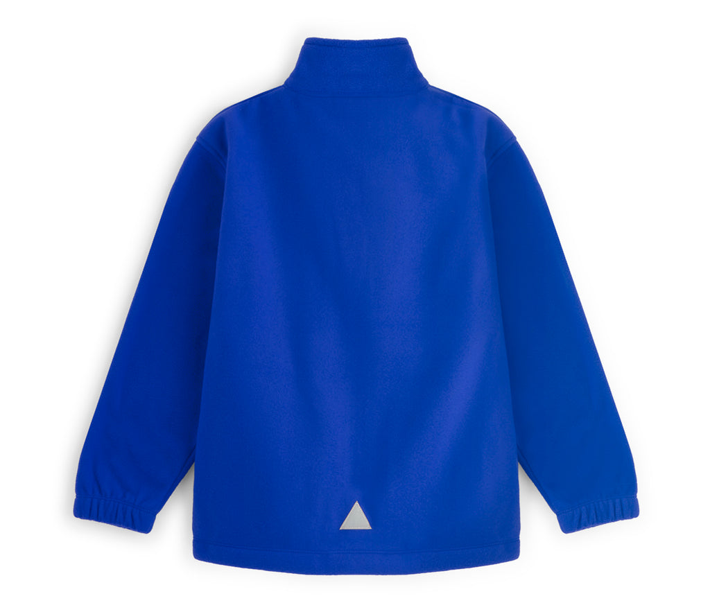 Zeco Polar Fleece - Royal Blue, showcasing the back view with elasticized cuffs, a stand-up collar, and a reflective patch above the hem.