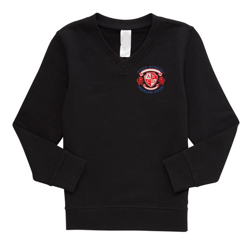 V-Neck Sweatshirt - Black featuring a school-approved logo, long sleeves, designed for comfort and durability, perfect for school wear, embroidered to order.