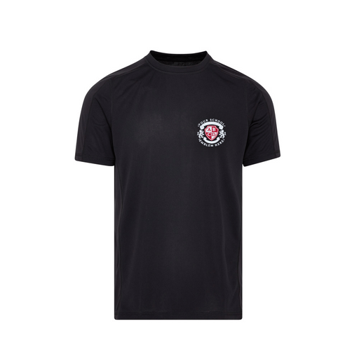 Sports T-Shirt - Black featuring a logo, made from quick-dry piquet knit fabric, showcasing top-stitched shoulders and sleeves with a comfortable, full fit.