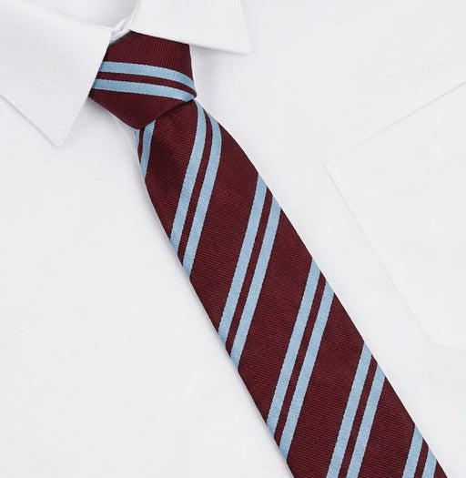Ballynahinch Primary School Elastic Tie, featuring a close-up of a neatly tied necktie with diagonal stripes, designed for school uniforms.