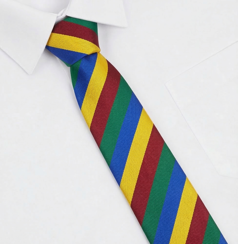 Chigwell Primary Academy Standard Tie on a white dress shirt, featuring a diagonal stripe pattern, showcasing the school's colors.