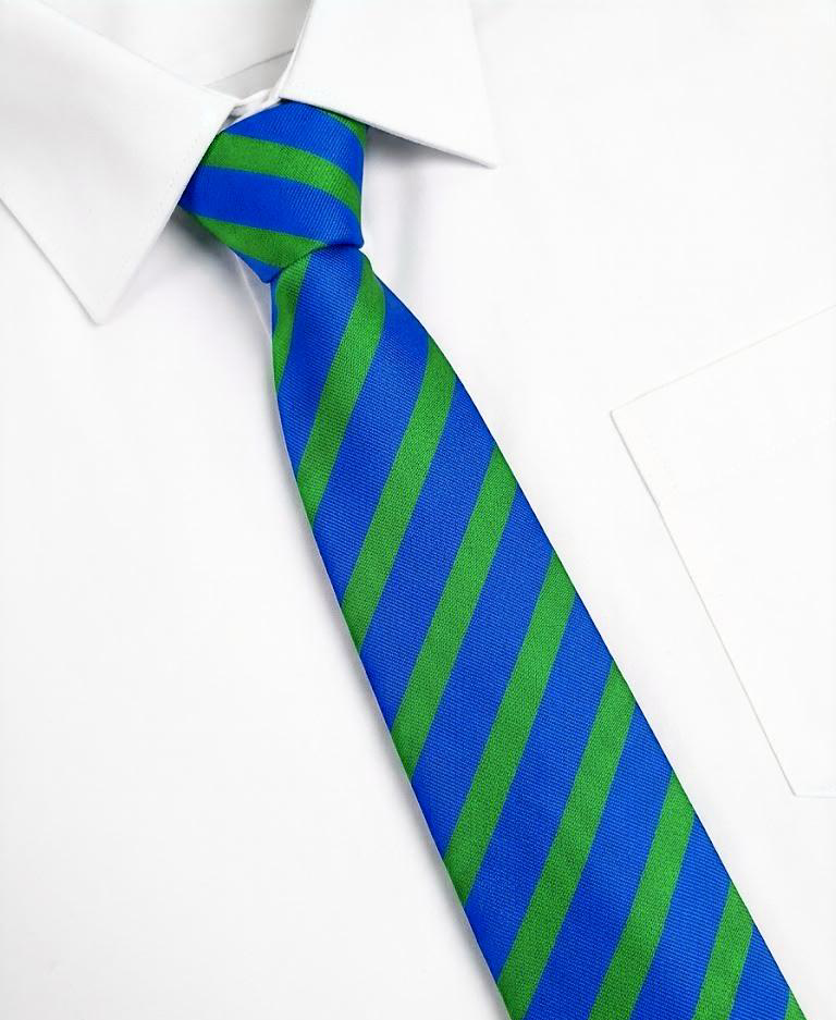 Ercall Wood Academy Tie displayed on a white dress shirt, featuring a distinctive blue-and-green diagonal stripe pattern, knotted neatly at the collar.
