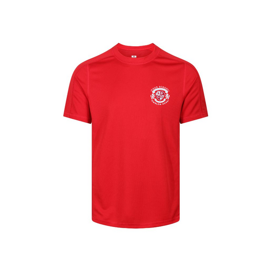 Sports T-Shirt - Red featuring a prominent logo, crafted from quick-dry piquet knit fabric, showcasing top-stitched shoulders and sleeves for comfort and performance.