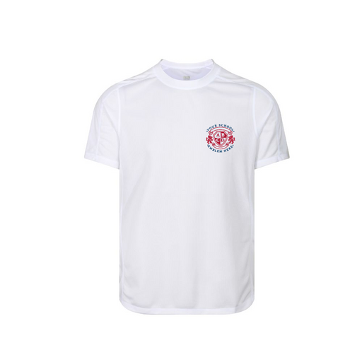Sports T-Shirt - White featuring a logo, made from quick dry fabric with top-stitched shoulders and sleeves, designed for school sports activities.