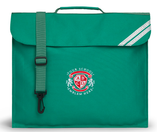 Book Bag - Jade Green with logo, Velcro fastening, adjustable shoulder strap, and name pocket. Ideal for school, featuring reflective strip for safety.