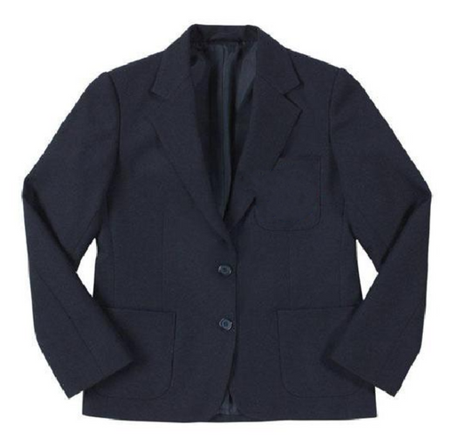 Navy blazer with twin button fastening, notch lapels, and three pockets, ideal for school uniforms.