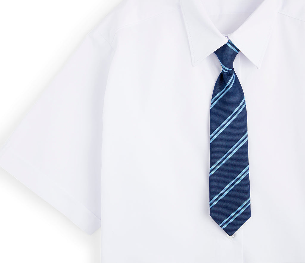 St Katherine's C of E Primary School Standard Tie on a white dress shirt, featuring a blue and white striped pattern.