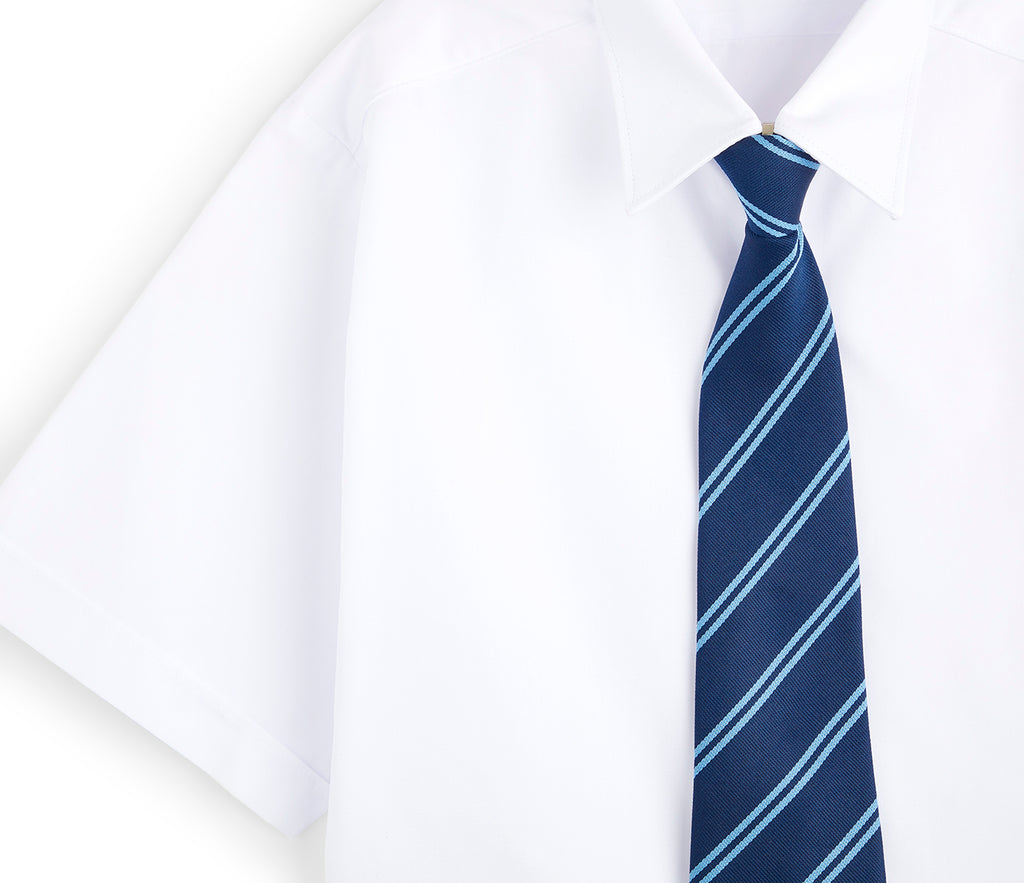St Katherine's C of E Primary School clip-on tie on a white shirt, featuring a blue and white striped design, suitable for school uniform.