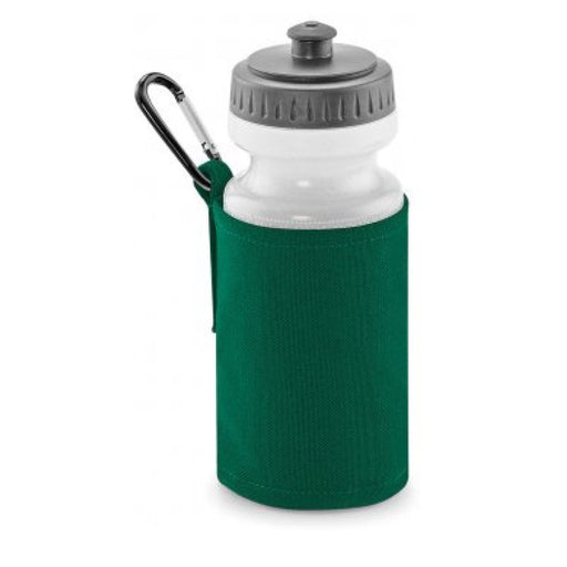 Water Bottle And Holder - Bottle Green with ergonomic grip, BPA-free soft bottle, pull-up nozzle, and carabiner clip, featuring a wide neck for easy filling.