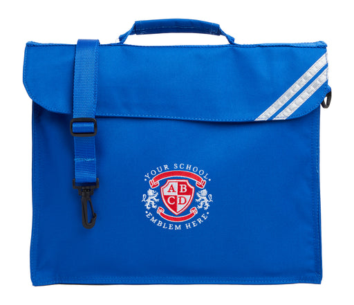 Book Bag - Bright Royal Blue featuring a logo, Velcro fastening, adjustable strap, and reflective name pocket. Ideal for protecting books during school commutes.