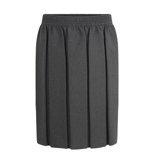 Box Pleat Skirt - Grey featuring a fully elasticated waist and permanent box pleats, showcasing superior fabric quality.