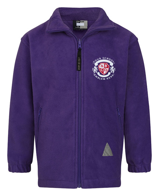 Zeco Polar Fleece - Purple jacket featuring a logo, full zip, elastic cuffs, and two front zip pockets, crafted in heavyweight anti-pill fleece with front and back reflectors.