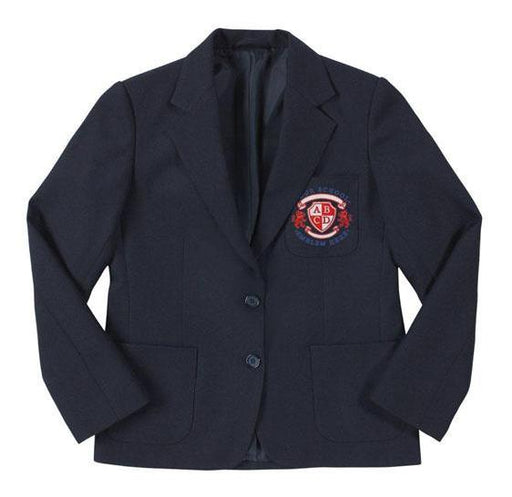 Girls Blazer - Navy: A school uniform blazer featuring a logo, twin button fastening, notch lapels, and three pockets, designed for a polished school look.