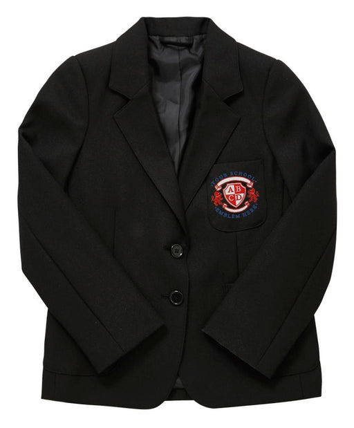 Girls Blazer - Black featuring a logo, twin button fastening, notch lapels, and three pockets; ideal for school uniforms, embroidered to order.