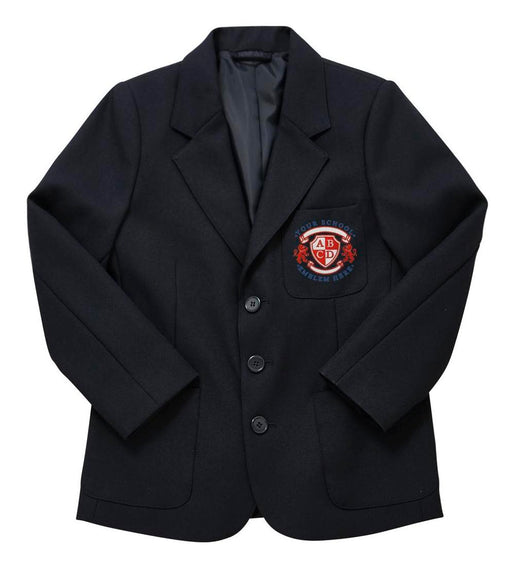 Boys Blazer - Navy: A black jacket featuring ~SCHOOLNAME~ logo, with three button fastening, notch lapels, and three pockets, suitable for school uniforms.