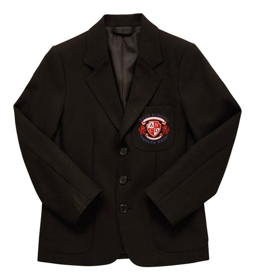 Boys Blazer - Black with logo, featuring three button fastening, notch lapels, and three pockets, suitable for school uniforms.
