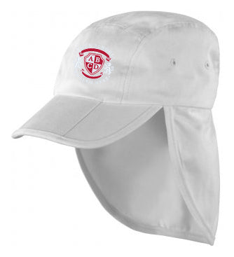 Legionnaire Cap - White: A white cap featuring a red and white logo, with sun-protective neck flap and ear cover, elastic fit, and stitched eyelets.